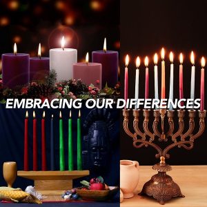 A collage of different burning candles: a menorah, a kinarah, and a group of 5 individual candles. The text "embracing our differences" appears on top of the collage.